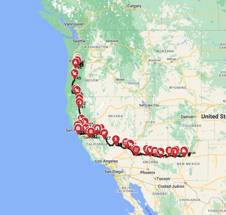 Map for Albuquerque to Portland Via Yosemite National Park